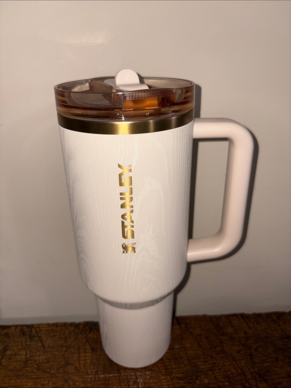 Stanley White Travel Mug with Gold Accent and Handle
